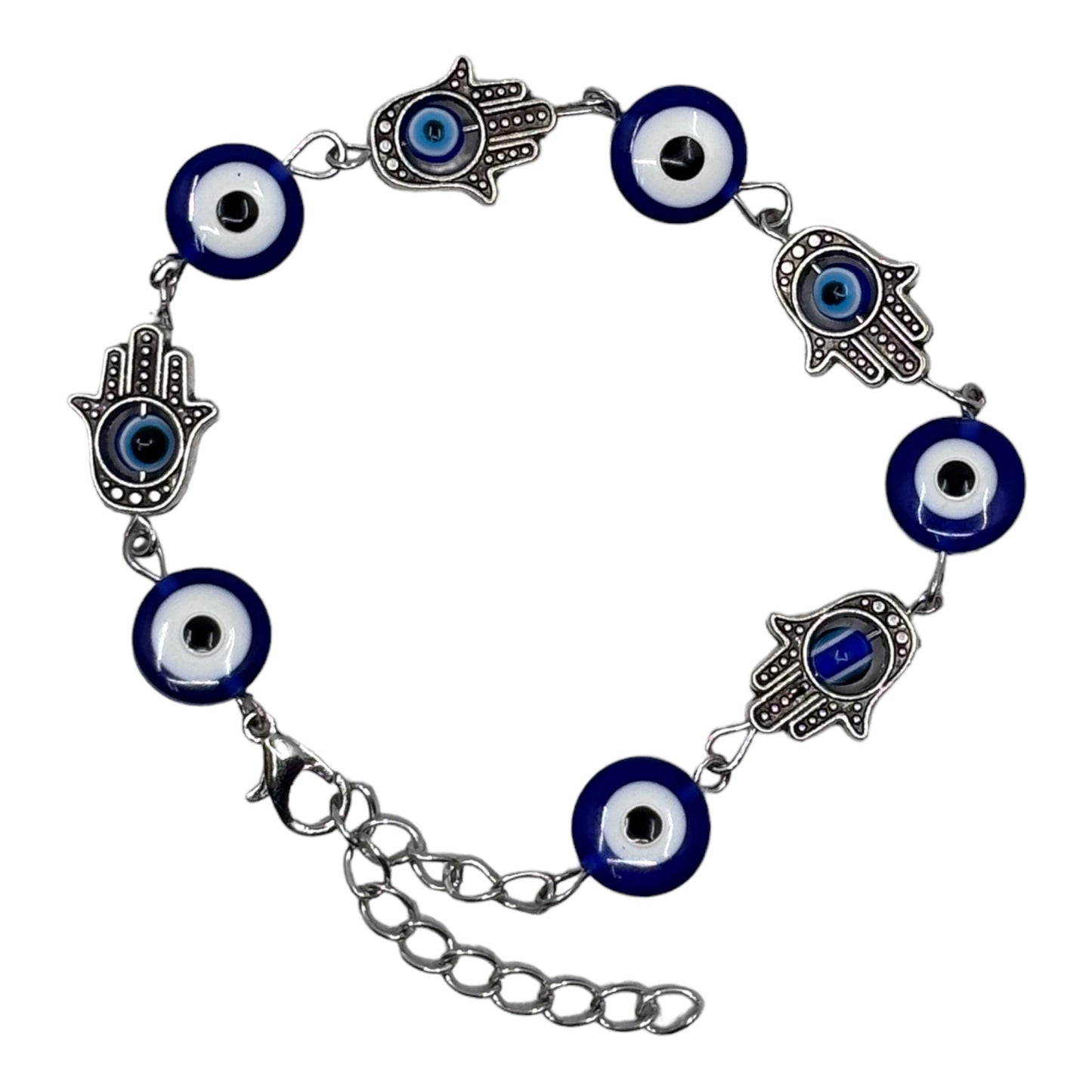 Wrist Bracelet - Silver with Hamsa Hand & Evil Eye